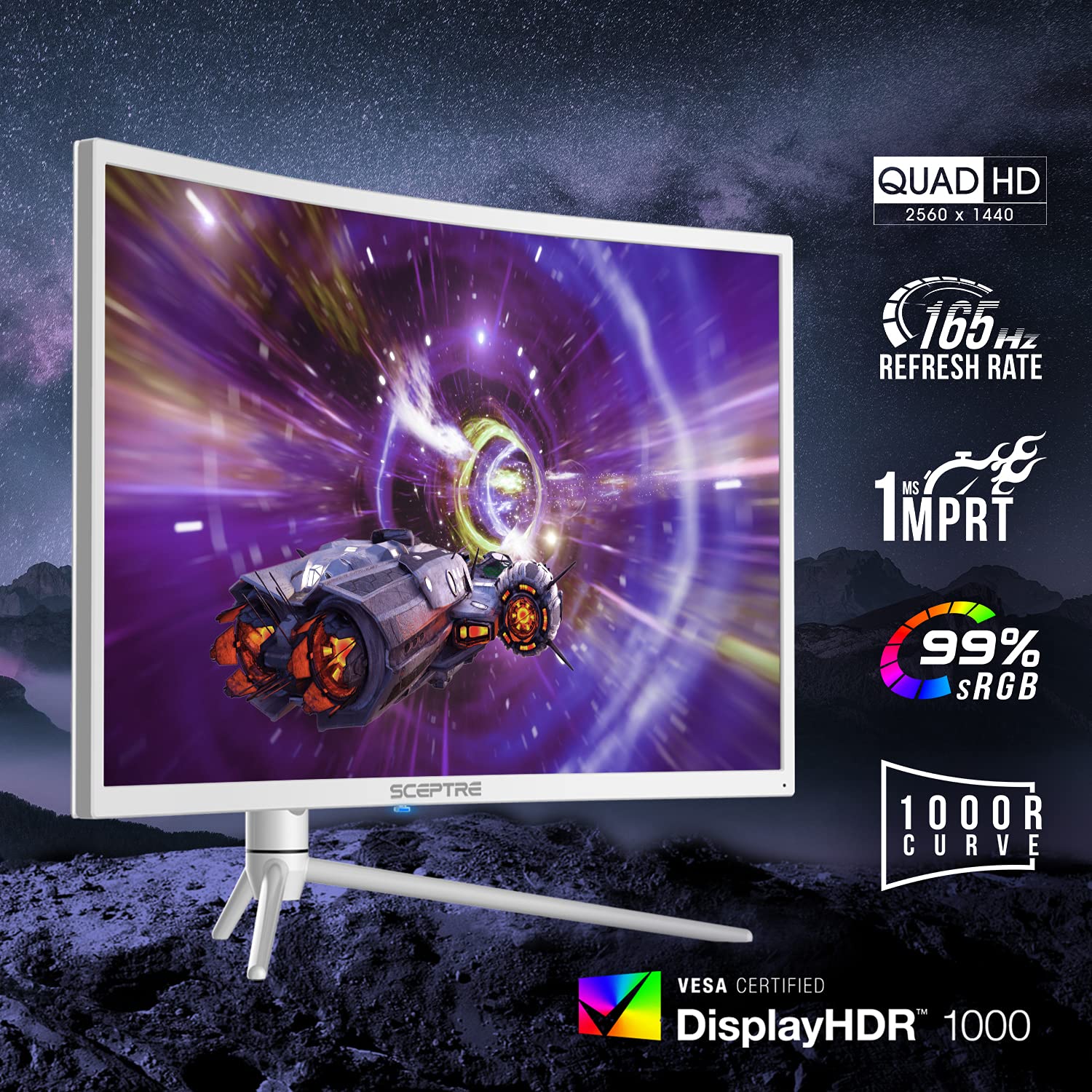 Sceptre 32-inch Curved QHD Gaming Monitor - 2560x1440, 165Hz/144Hz, 1ms, HDR1000, 99% sRGB, Height Adjustable, DP/HDMI/USB-C, Built-in Speakers - Perfect for Esports, Streaming & Home Office (C325B-QWN168W)