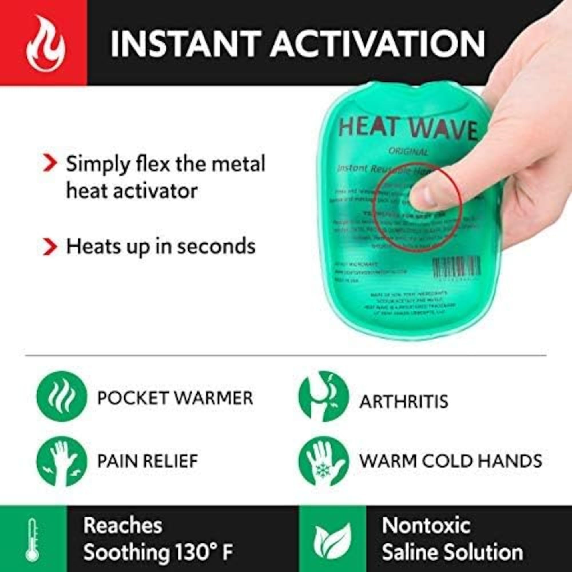 Instant Heat Hand Warmer 3x5 Reusable - Small Green (4 Pack) for Outdoor Activities, Skiing, Hunting & Winter Sports