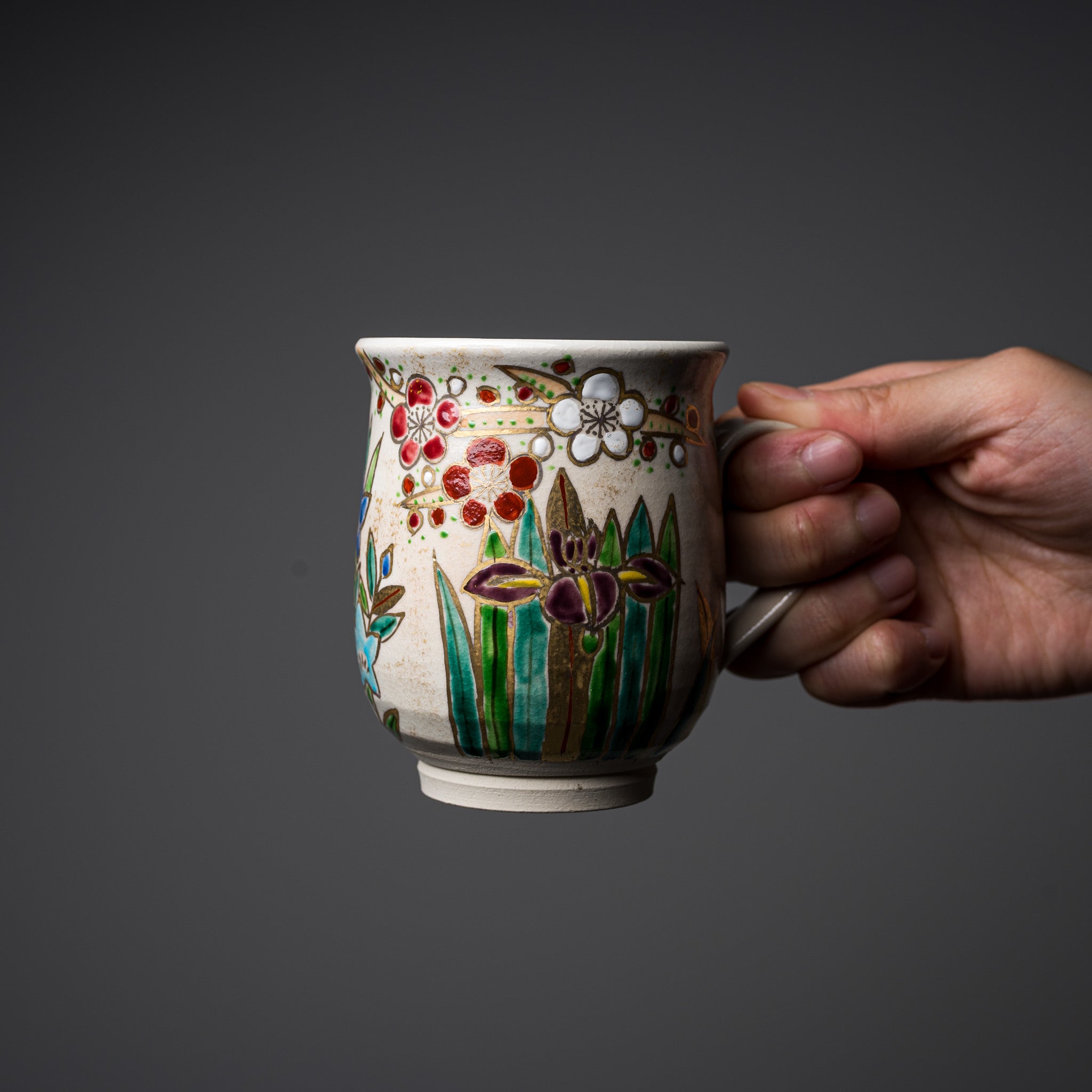Handmade Kyo Kiyomizu Ware Kinsai Flower Mug Cup - Authentic Japanese Ceramic Tea Cup for Matcha, Coffee & Home Decor