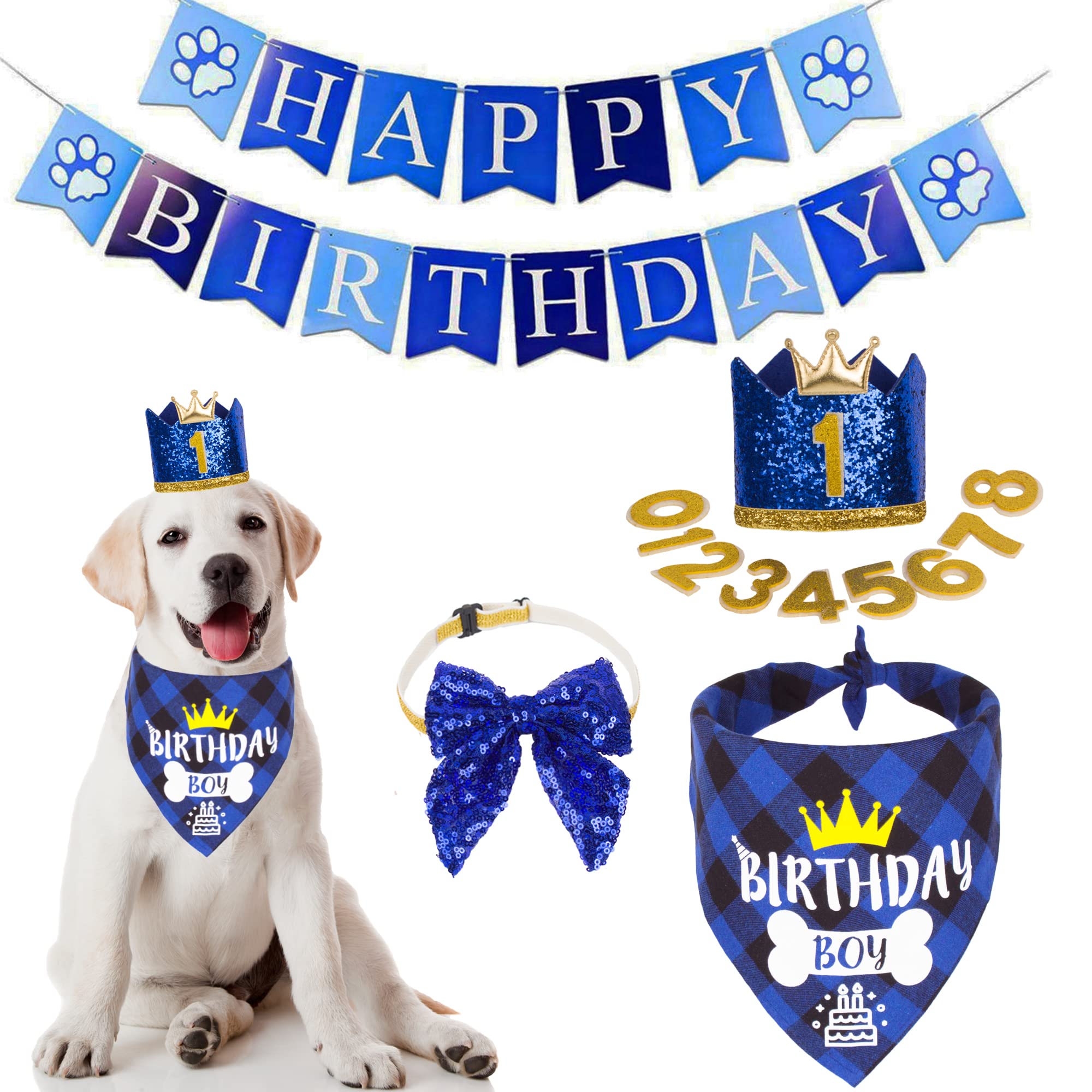 ADOGGYGO Dog Birthday Hat & Bandana Set with Numbers, Scarf Bow & Happy Birthday Banner - Navy Blue Pet Party Supplies for Birthday Celebrations & Photo Shoots