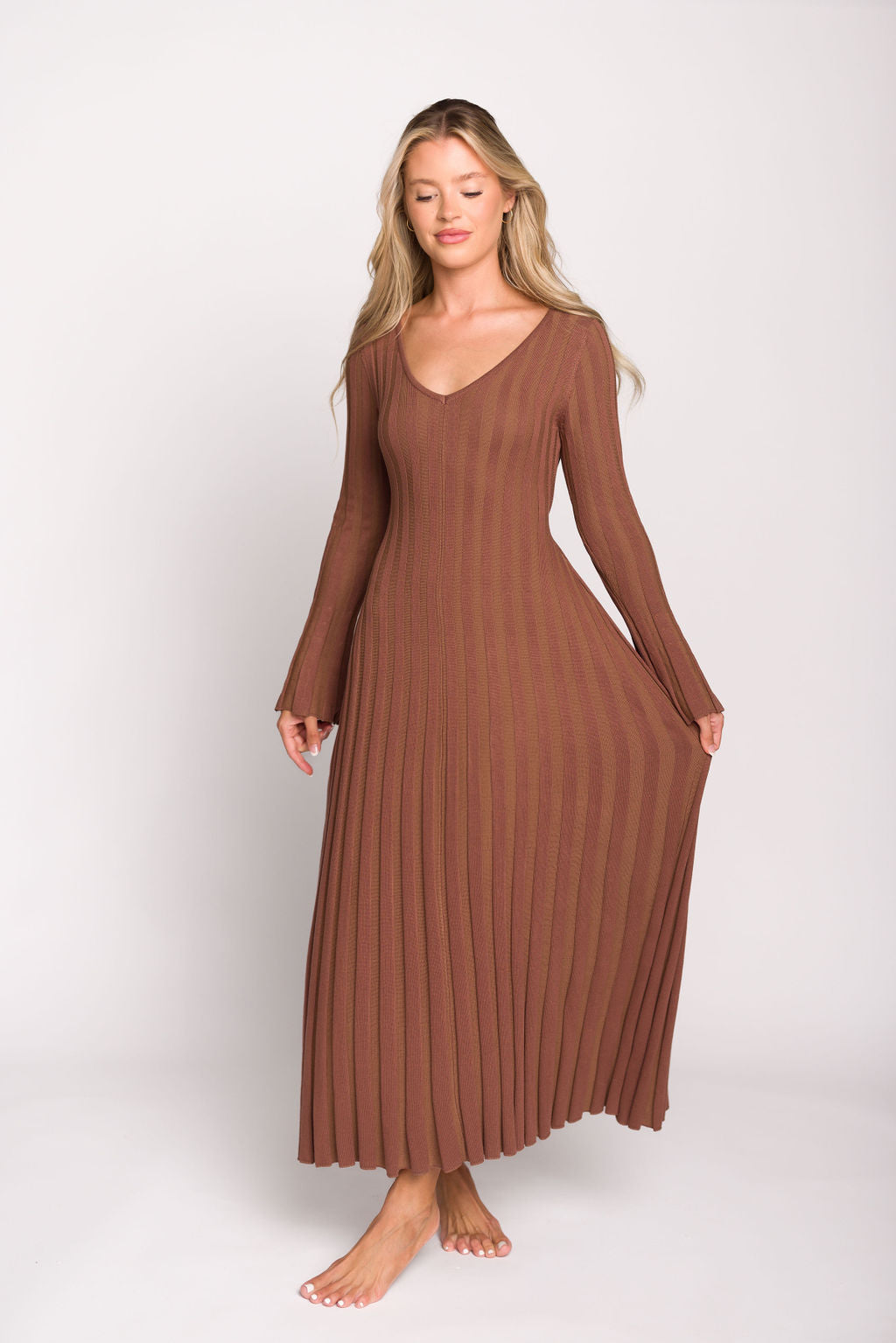 Hadley Long Sleeve V Neck Knit Maxi Dress in Cocoa - Women's Elegant Casual Maxi Dress for Fall & Winter | Perfect for Office, Date Night & Holiday Parties