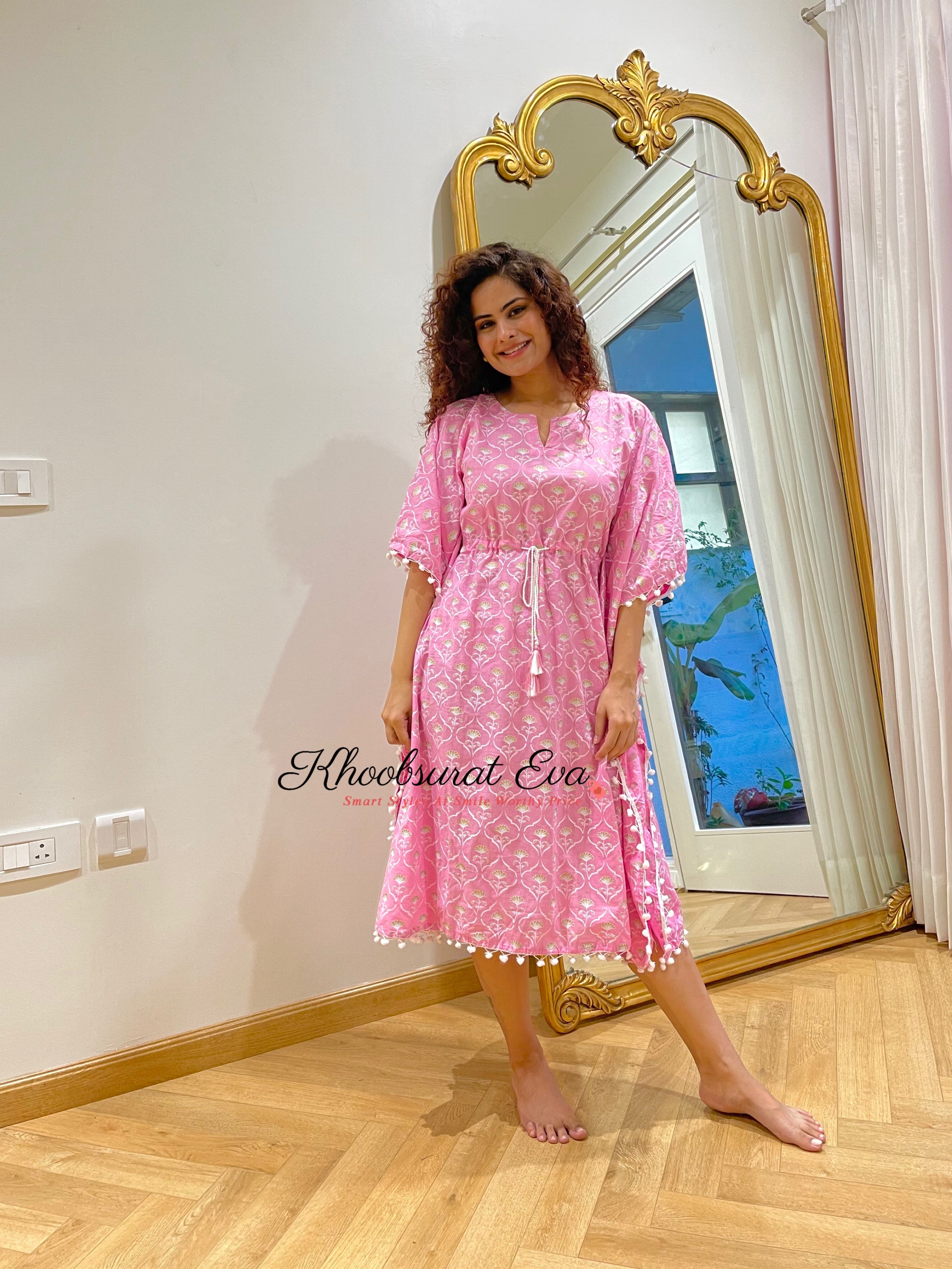 Stylish Pink and White Printed Kaftan Dress - Flowy Boho Maxi Dress for Women - Perfect for Beach, Vacation, and Summer Outfits