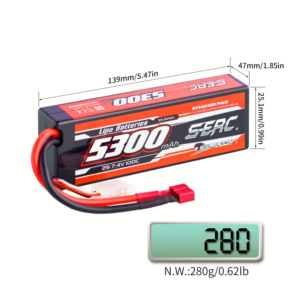 SUNPADOW 2S Lipo Battery 7.4V 5300mAh 100C Hard Case with Deans T Connector - Rechargeable RC Battery for RC Cars, Trucks, Buggies, Truggies and Tanks (2 Pack) - Perfect for High-Speed Racing, Off-Road Bashing and RC Vehicle Power Supply