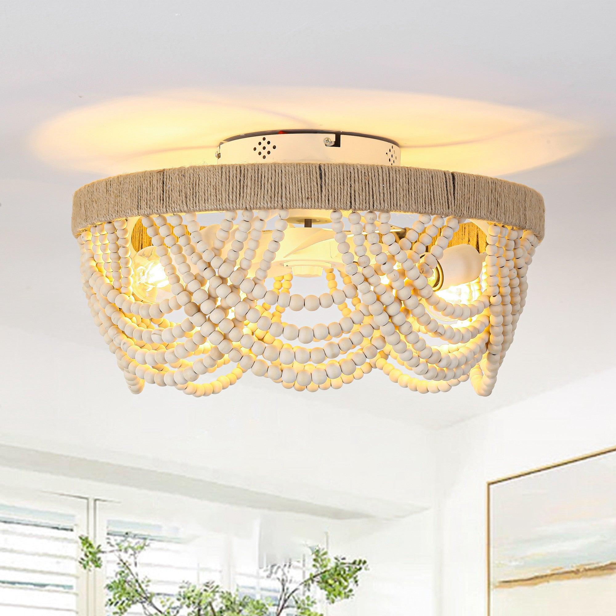 20 Inch White Farmhouse Wooden Beads Flush Mount Ceiling Fan with APP Remote Control & LED Light - Perfect for Bedroom, Living Room, and Kitchen Decoration