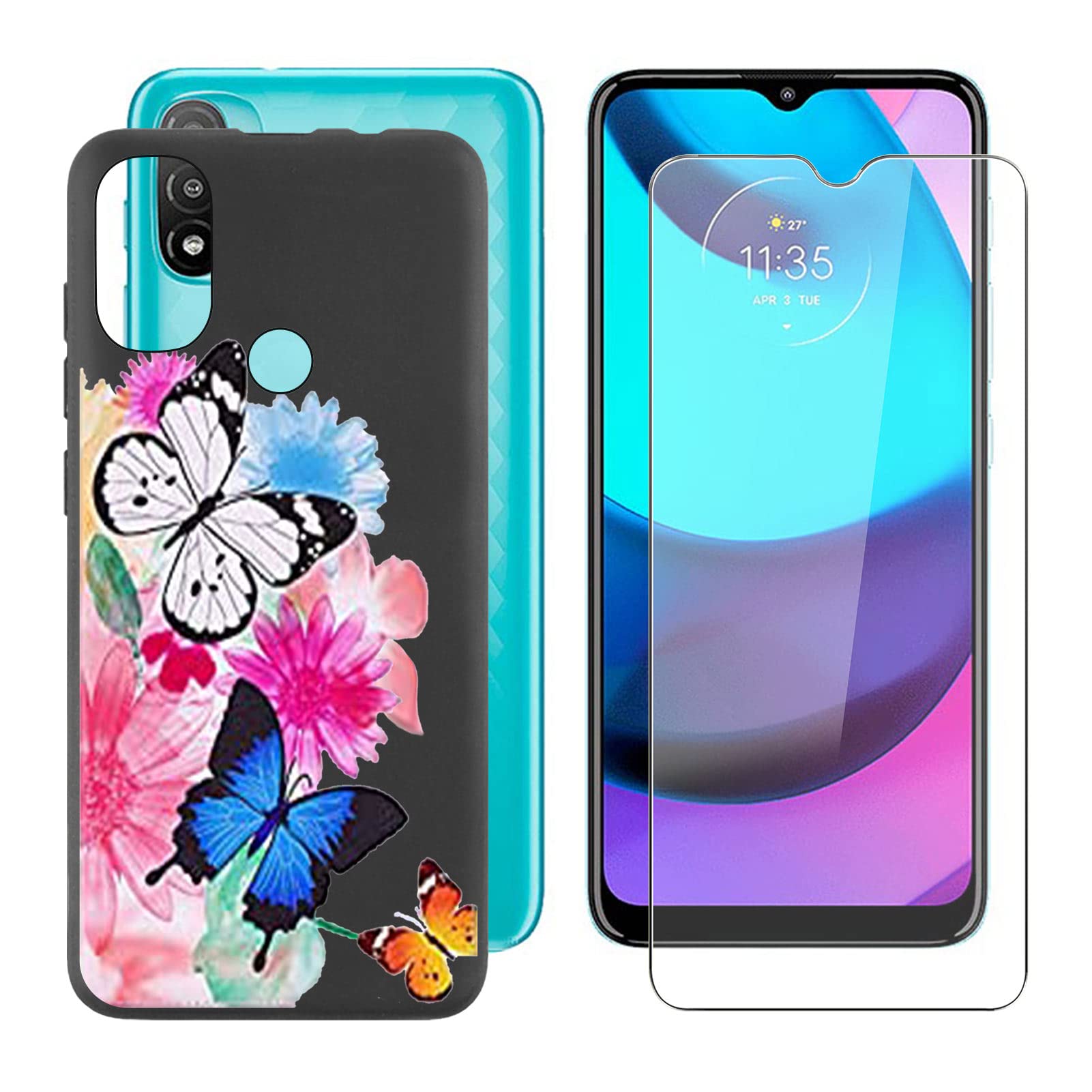 Motorola Moto E40 Case with Tempered Glass Screen Protector - Soft Silicone TPU Cover & 9H Hardness HD Protection - Black Colorful Butterfly Design for Daily Use & Outdoor Activities