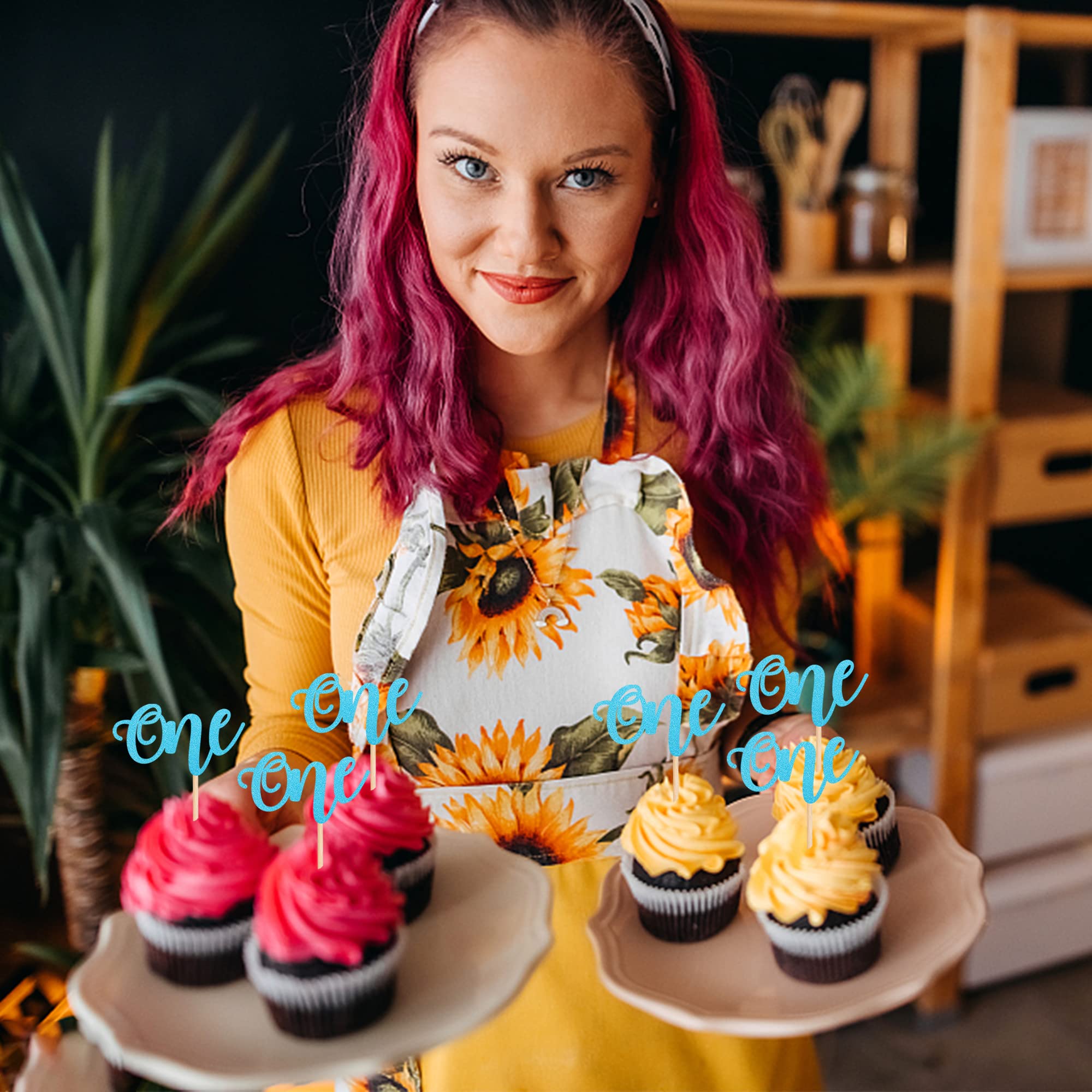 24 Pack Glitter Baby First Birthday Cupcake Toppers - Blue Food Picks for Baby Shower, 1st Birthday Party Cake Decorations (Boys, Girls, Kids) - Perfect for Birthday Cakes, Cupcakes, Dessert Tables and Party Decorations