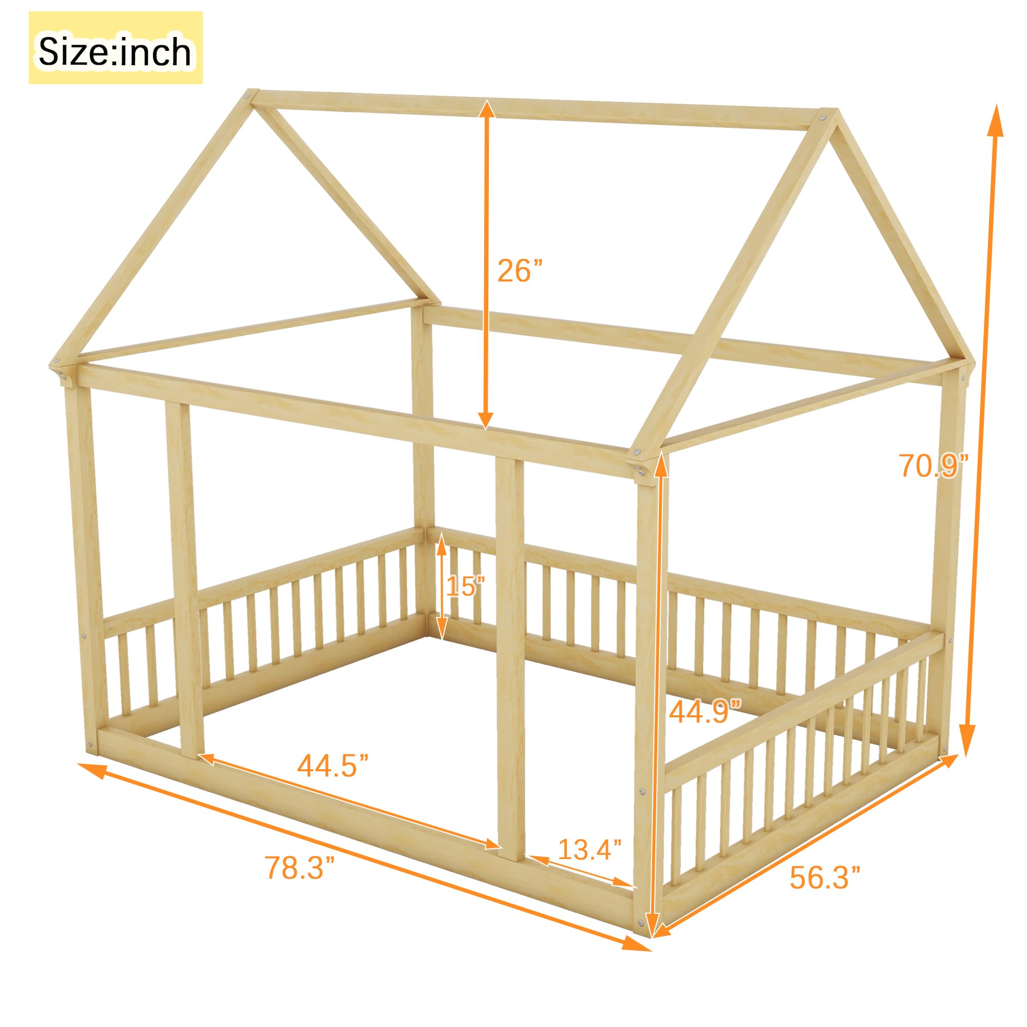 Bellemave Full Size Floor Bed for Kids - Wooden House Bed Frame with Safety Fence, Montessori Style Playhouse Bed for Boys & Girls - Perfect for Bedrooms, Playrooms & Montessori Learning Environments