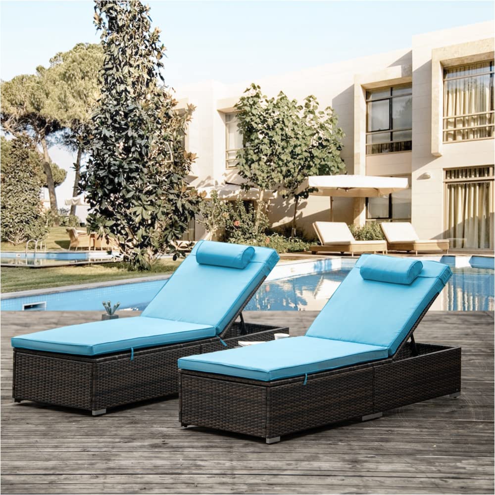 2-Piece Outdoor PE Wicker Recliner Set - Adjustable Brown Rattan Patio Furniture with Side Table & Headrest | Perfect for Poolside, Beach, Garden & Backyard Relaxation (Blue)