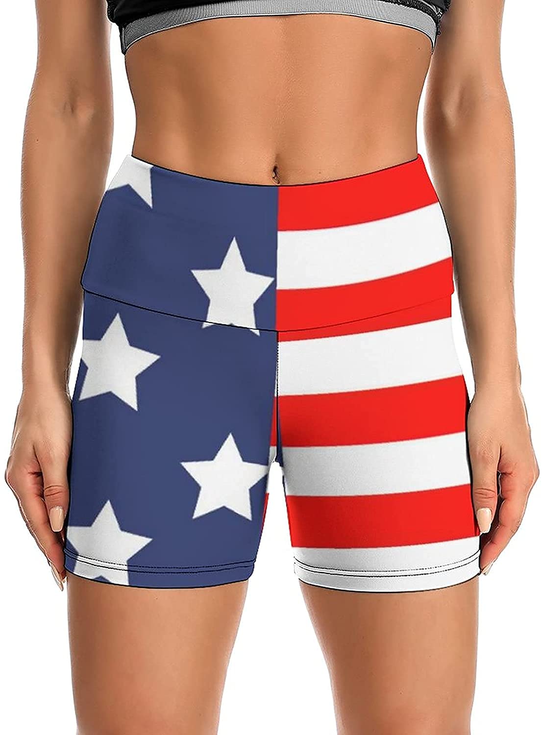 Women's High Waisted Yoga Shorts with USA Flag Design - Patriotic 4th of July Workout Shorts for Running, Biking & Cross Training | Perfect for Gym, Fitness & Outdoor Sports