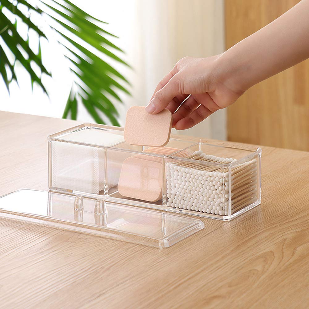 Acrylic Cotton Ball & Swab Organizer - 3 Compartment Dustproof Container for Makeup & Cosmetics - Bathroom & Vanity Storage