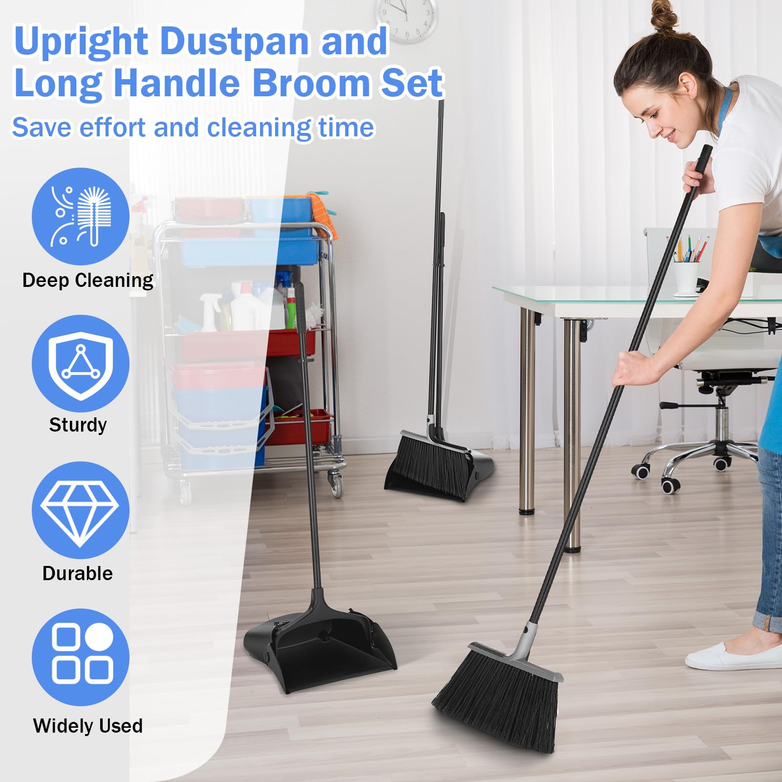 **6-Piece Broom and Dustpan Set with 54-Inch Long Handle - Heavy-Duty Commercial Plastic Upright Dustpan for Floor Cleaning - Ideal for Home, Office, Restaurant, Indoor & Outdoor Use**