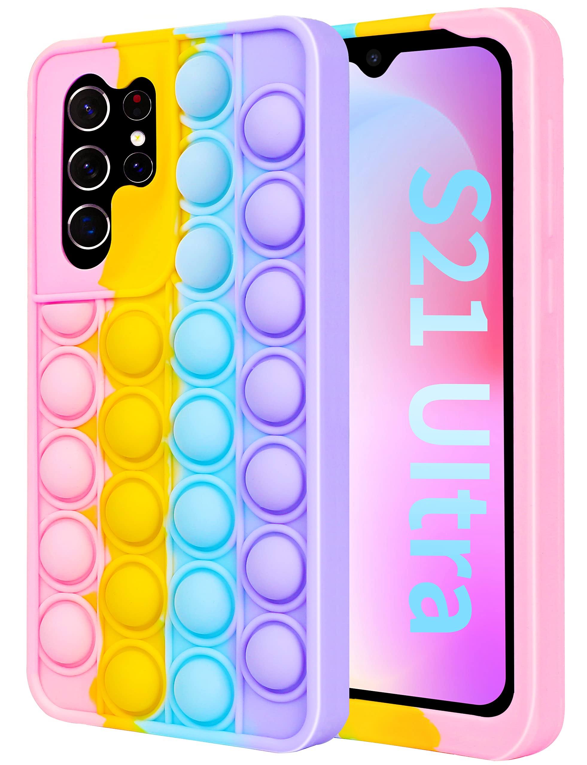 Toycamp Cute Kawaii Silicone Push Bubble Wrap Phone Case for Samsung Galaxy S21 Ultra 6.8 Inch - Funny Cartoon Cover for Teens, Boys & Girls in Rainbow Colors - Perfect for Stress Relief, Fidgeting & Daily Use