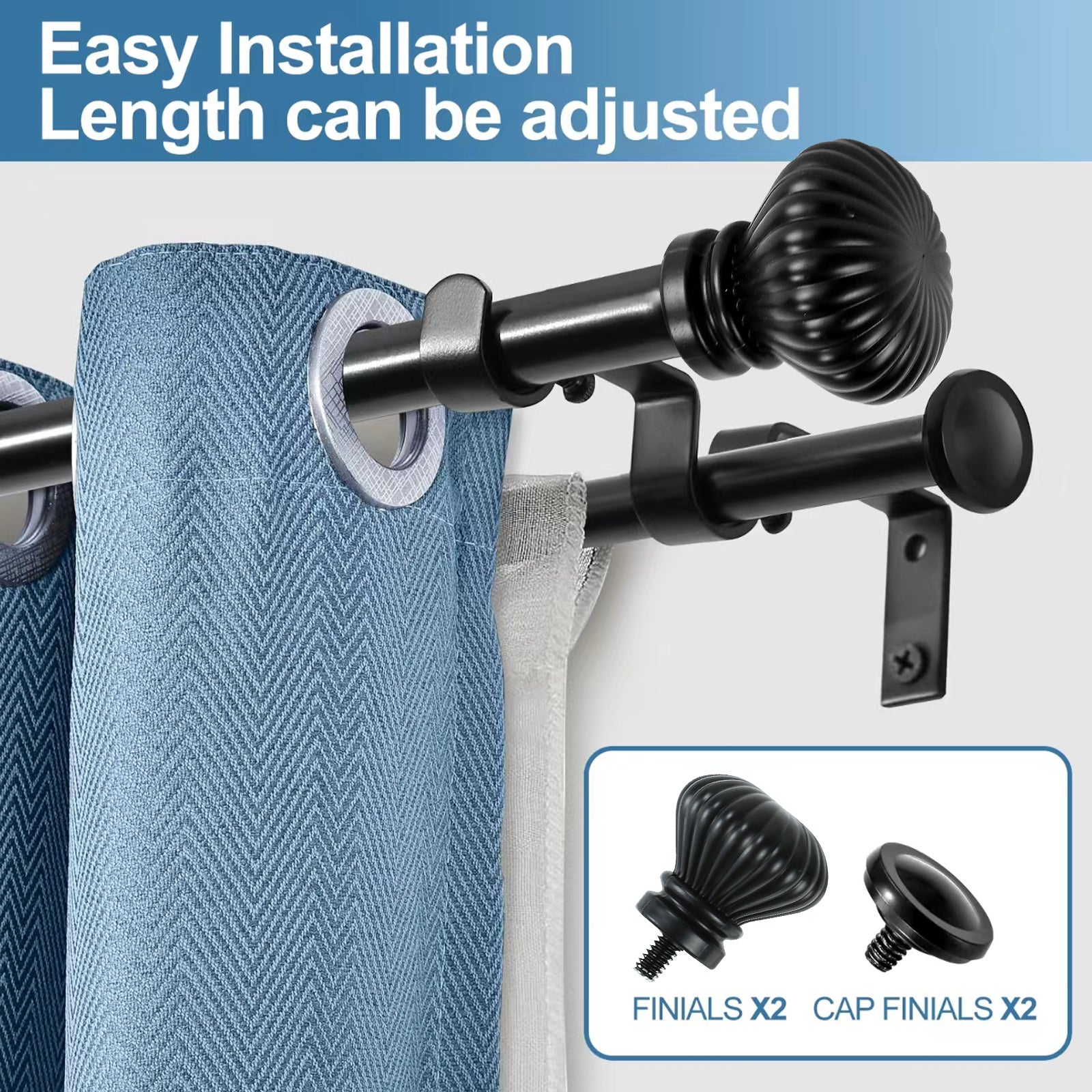 Urbanest Fluted Ball Adjustable Double Drapery Curtain Rod Set - 5/8 Inch, Elegant Window Treatment for Living Room & Bedroom