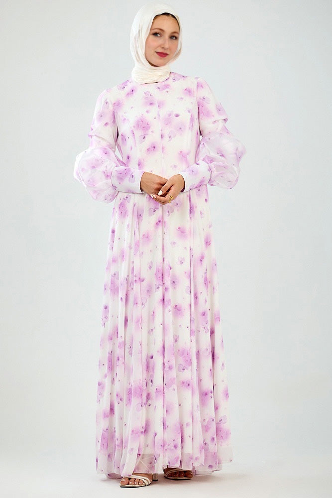 Basma Flared Sleeve High Neck Maxi Dress - Floral Print Chiffon Long Dress for Women | Perfect for Weddings, Parties & Summer Vacations