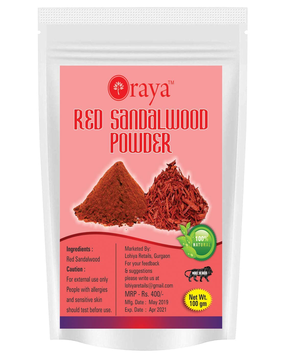 Rudra Oraya 100% Pure Red Sandalwood Powder for Face & Skin Care - 100g | Natural Ayurvedic Beauty Treatment for Glowing Skin, Acne Relief & Anti-Aging | Perfect for DIY Face Masks, Scrubs & Spa Treatments