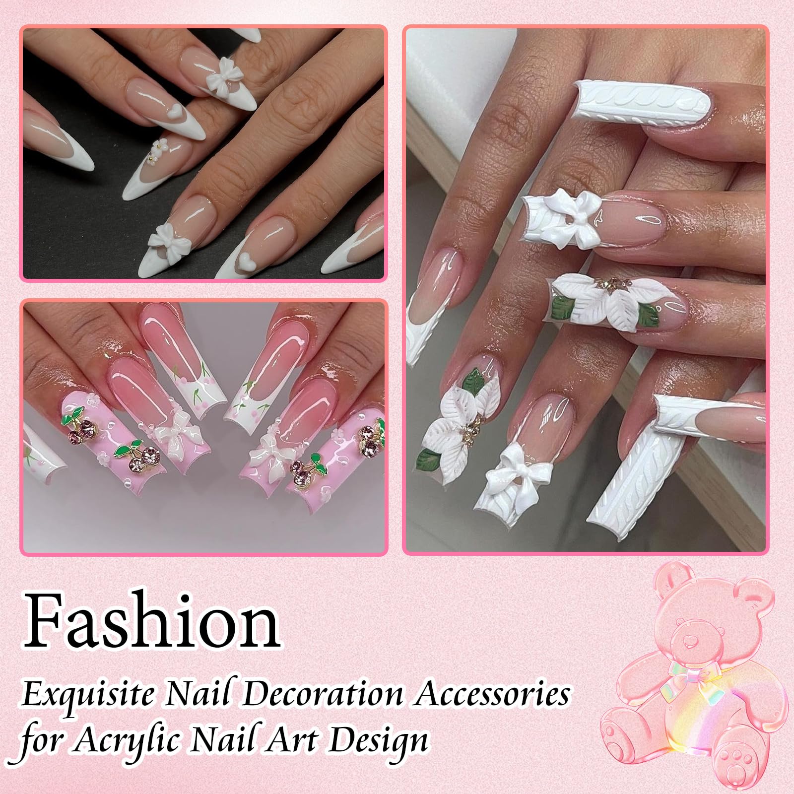300Pcs White Bowknot & Flatback Pearl Nail Charms Set - 3-5mm 3D Cute Nail Decorations for Acrylic Nails, DIY Nail Art Jewelry & Crafts - Perfect for Bridal, Party, Salon and Home Manicure Designs