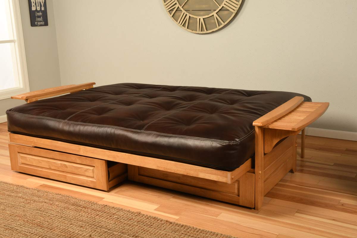 Queen Size Phoenix Wood Bed Frame with 8-Inch Memory Foam Mattress & Storage Drawers - Honey Brown Finish - Folding Trays for Living Room - Perfect for Small Spaces, Guest Rooms & Apartments