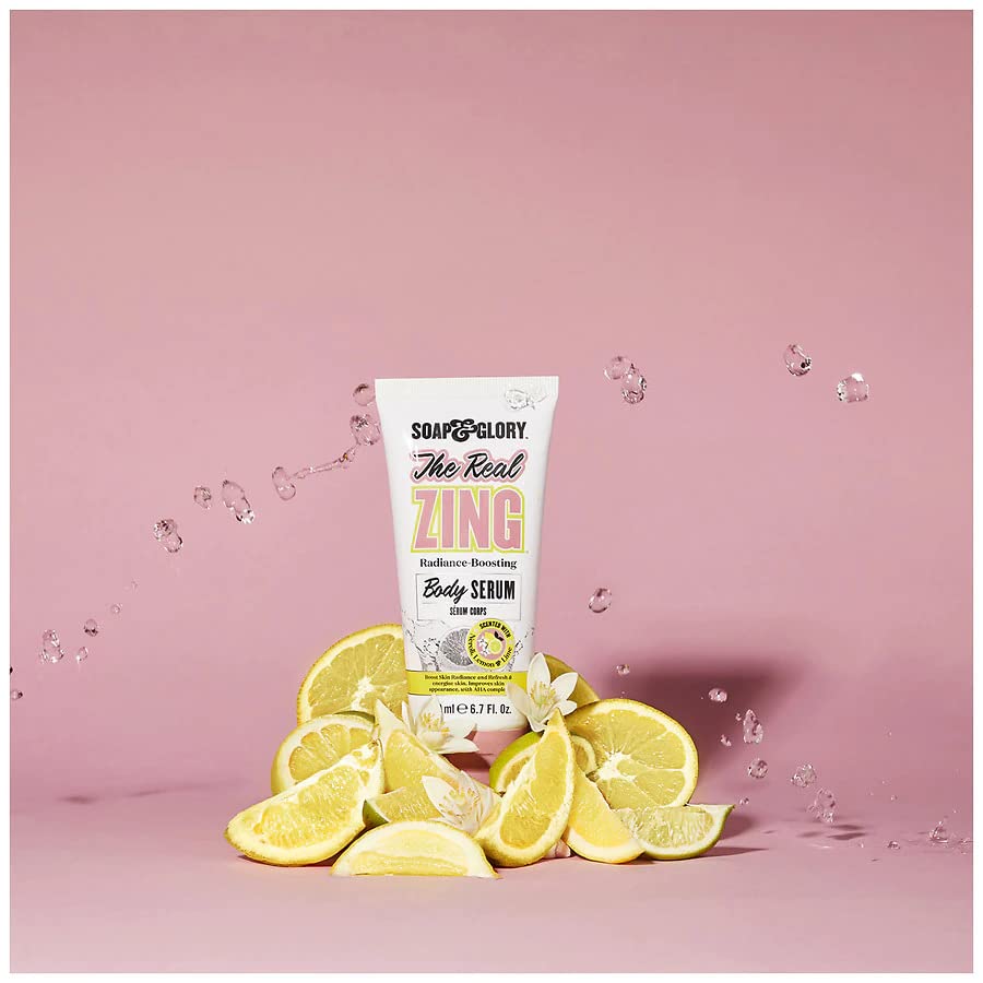 Soap & Glory The Real Zing Body Serum - AHA Fruit Complex Radiance Boosting Moisturizer for Dry Skin | Skin Brightening & Hydrating Body Lotion with Citrus Scent | Perfect for Daily Use, Post-Shower Hydration & Summer Skin Care (200ml)