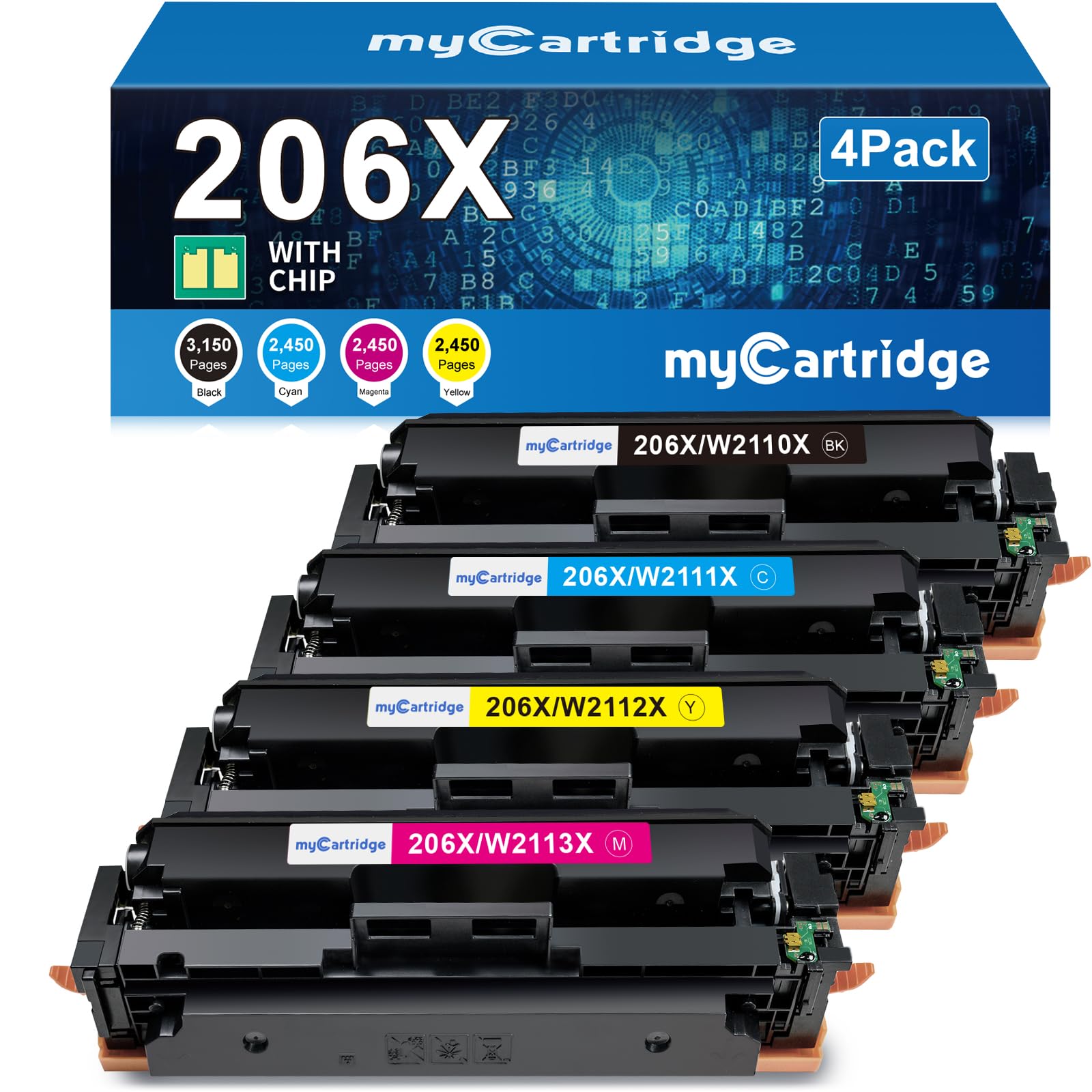 High Yield 206X Toner Cartridges 4-Pack (with Chip) - Compatible Replacement for HP 206X/206A - Works with Color LaserJet Pro MFP M283fdw, M283cdw, M283fdn, M282nw, M255dw, M255nw, M283, M255 & W2110X/W2110A Printers - Ideal for Home Office, Small Business & High-Volume Printing