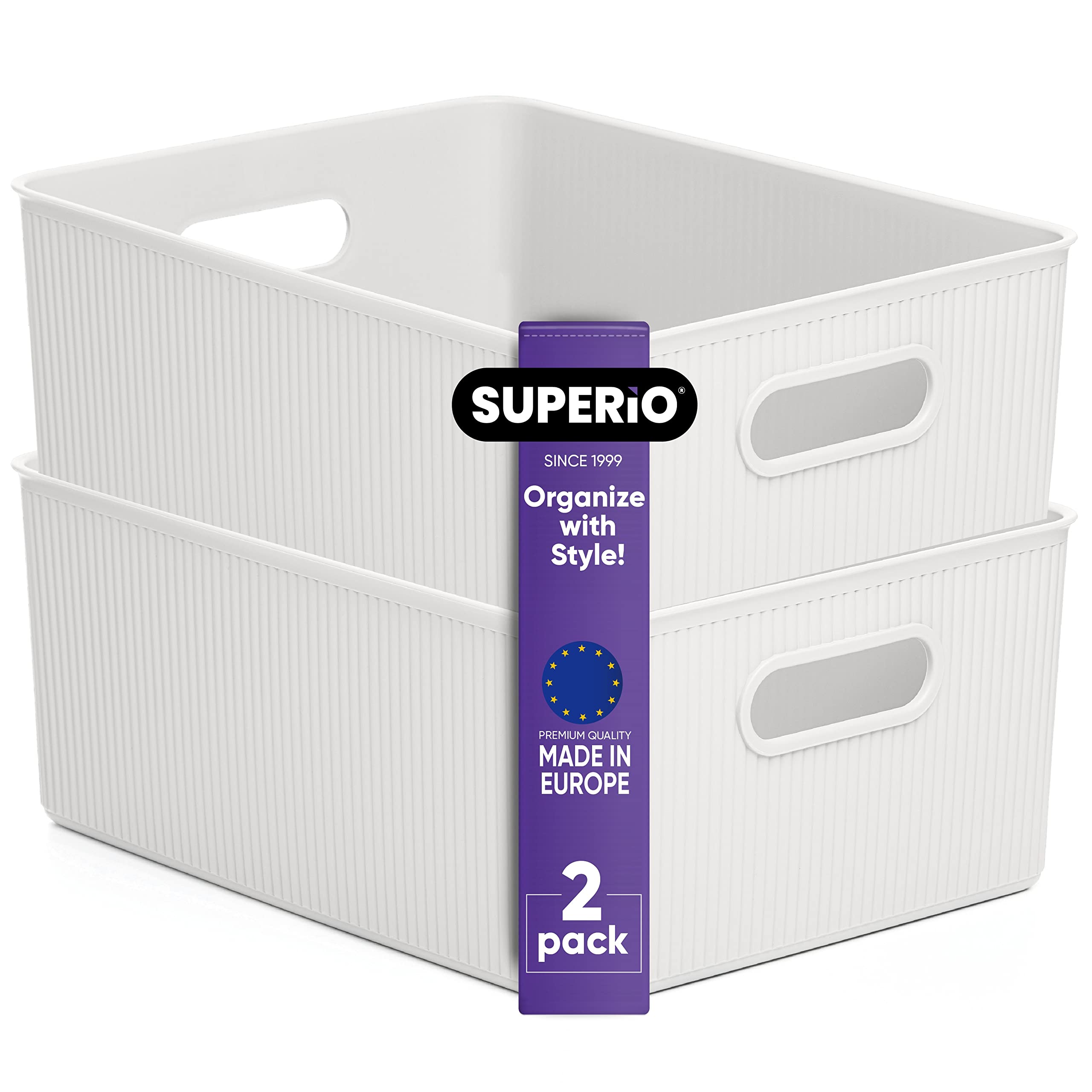 Superior Ribbed Plastic Storage Bins - 2 Pack White Organizer Baskets with Handles, 15 Liter/16 Quart Capacity for Home, Closet, Shelf & Drawer Organization - Perfect for Bedroom, Bathroom & Office Storage Solutions