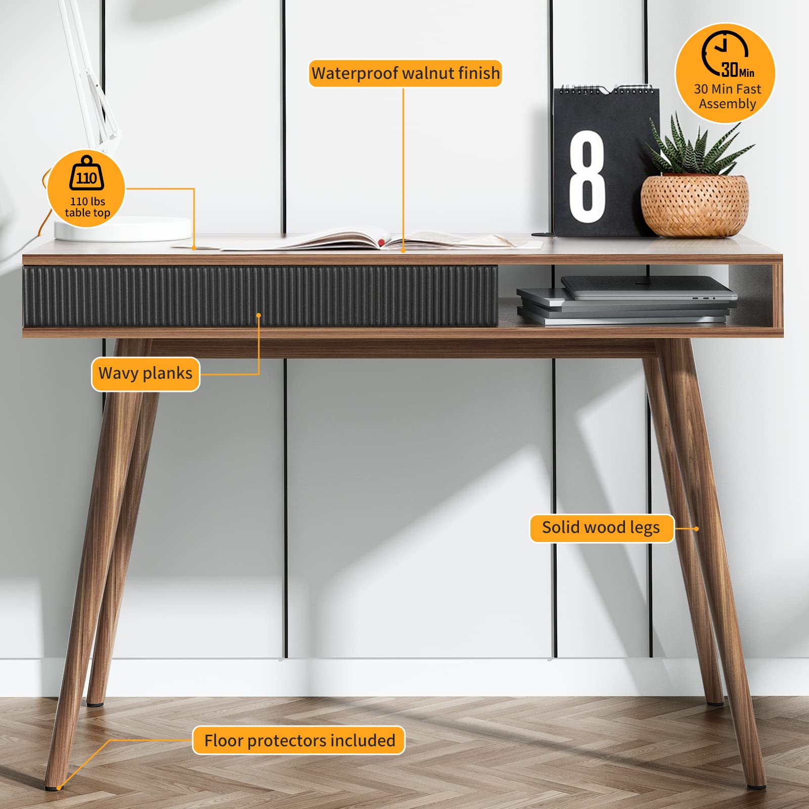 Mid Century Modern Writing Desk with Drawer - Walnut Home Office Desk, Simple & Stylish Workspace Solution for Small Spaces & Home Offices