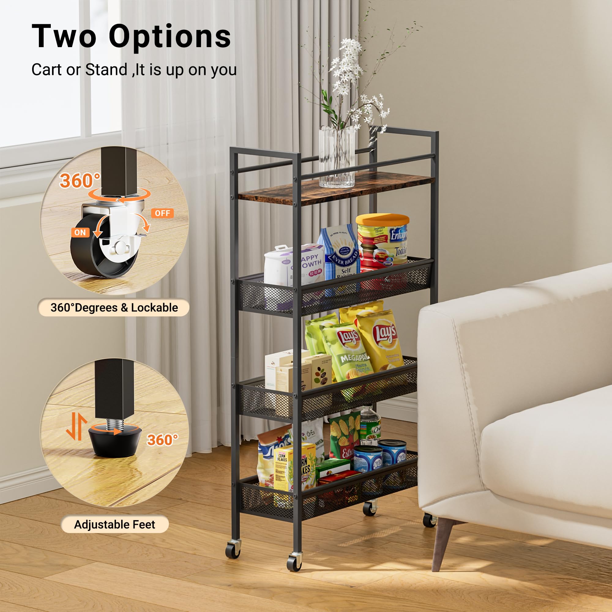 Dunatou 4-Tier Slim Rolling Kitchen Cart - 5.9