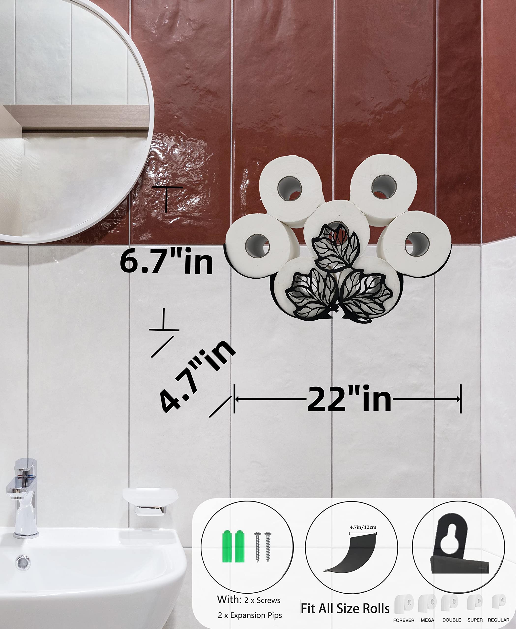 Black Metal Leaves Wall-Mounted Toilet Paper Holder - Animal Decorative Tissue Storage Organizer for Bathroom - Holds 8 Extra Rolls - Perfect for Home, Apartment, and RV Bathroom Decor