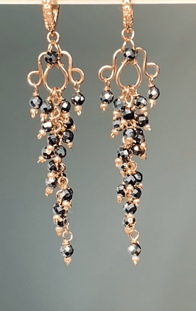 Black Gemstone Cluster Tassel Dangle Earrings - Rose Gold Filled Jewelry for Women | Elegant Party, Wedding & Evening Wear Accessories