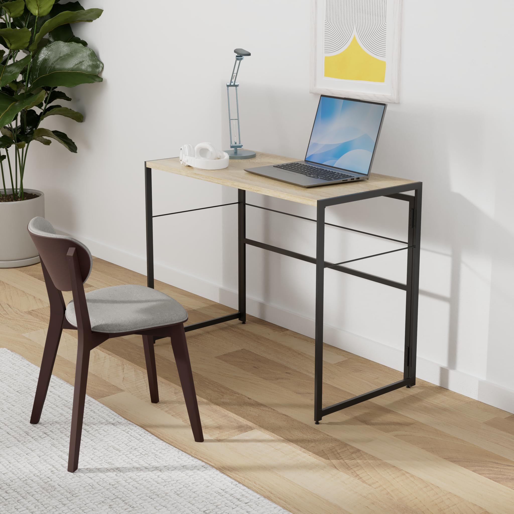Furinno Riau No-Tool Assembly Folding Metal Computer Desk - 39 Inch, Sonoma Oak & Black Finish | Perfect for Home Office, Gaming & Small Spaces