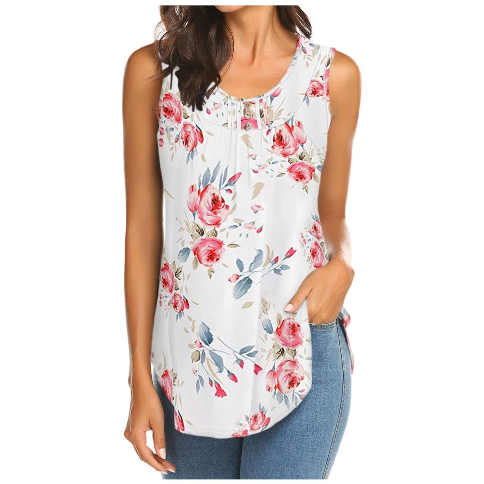 Women's Sleeveless Pleated Blouse - Round Neck Summer Tank Top for Casual Wear | Perfect for Beach Outings, Office Dressing & Weekend Getaways