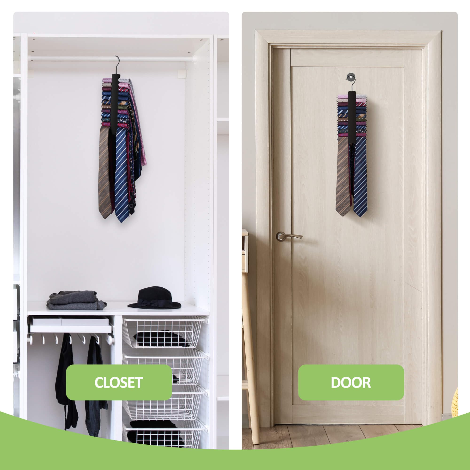 Upgraded Wooden Tie Rack Hanger with 30 Metal Hooks - Space Saving Necktie Organizer for Men's Closet - Large Capacity Sturdy Tie Holder for Office, Home & Travel - Black Closet Storage Organizer