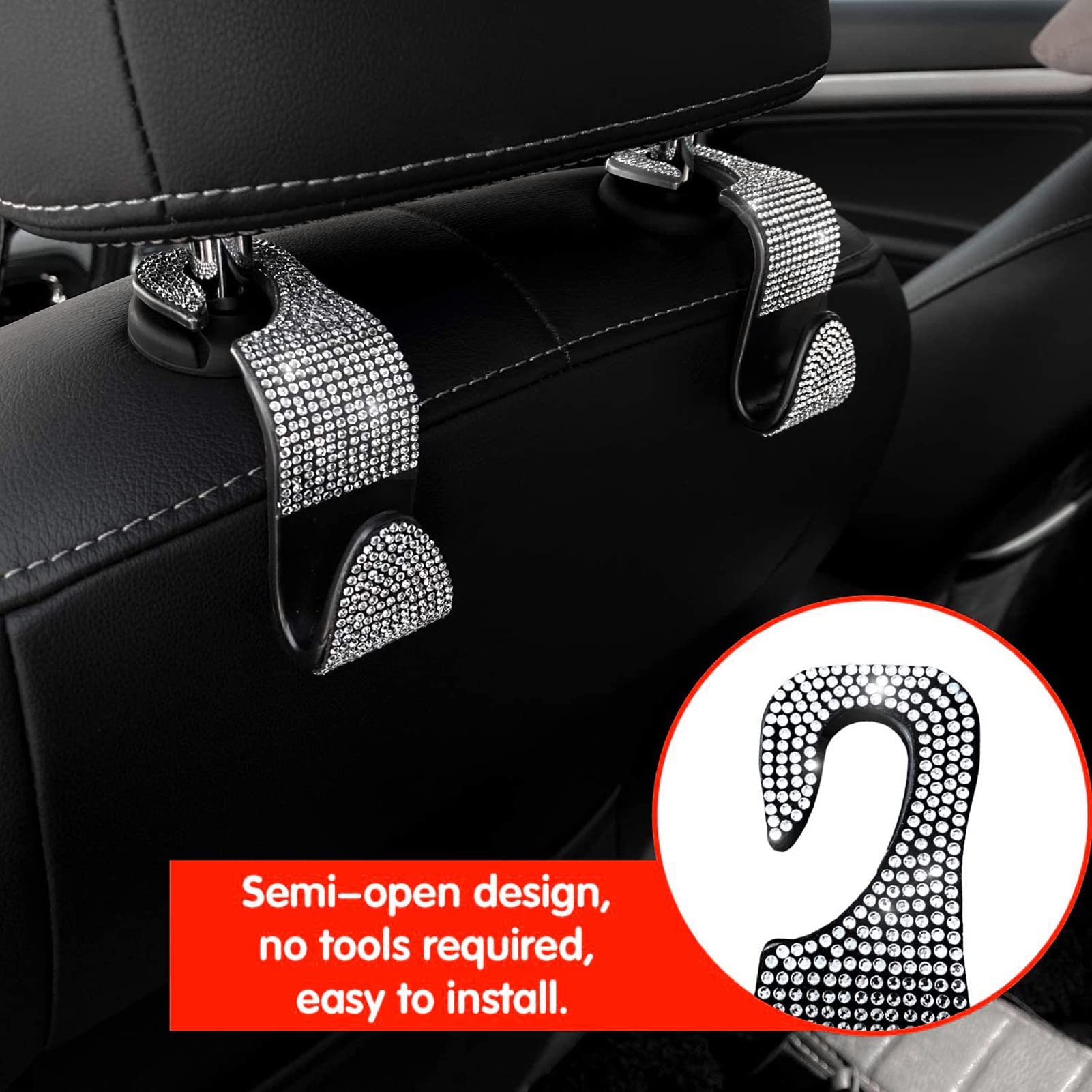 8 Pack Bling Steering Wheel Cover for Women - Universal Diamond Car Accessories Set with Keyring, Coaster, Crystal Emblem Stickers & Seat Hook | Sparkling Car Decor for Girls | Perfect for Daily Commute & Road Trips (White)