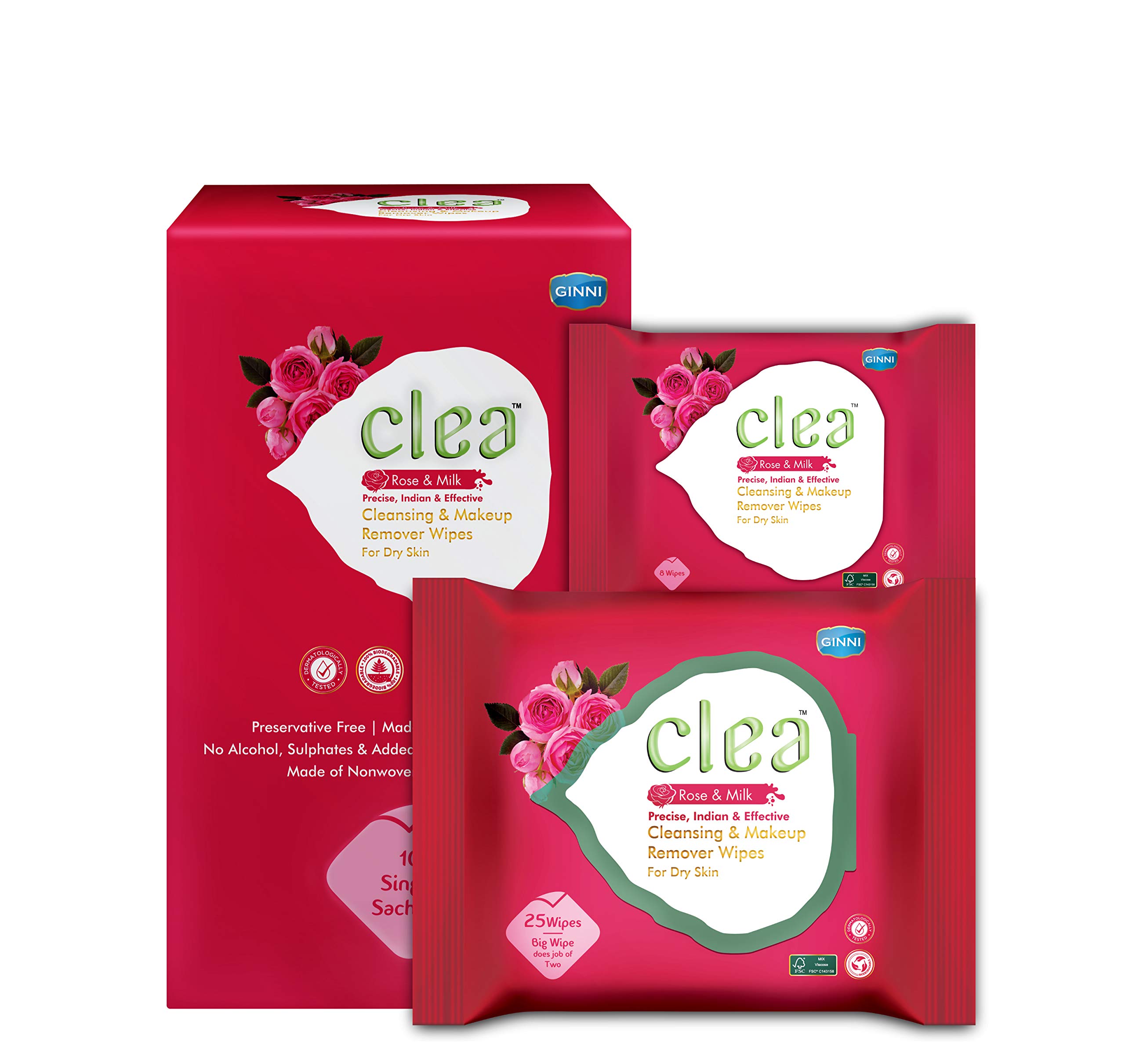 Clea Rose & Milk Moisturizing Facial Cleansing Wipes - Makeup Remover & Face Cleanser (25+10+8 Count, 3-Pack) | Travel, Gym & Daily Skincare Routine