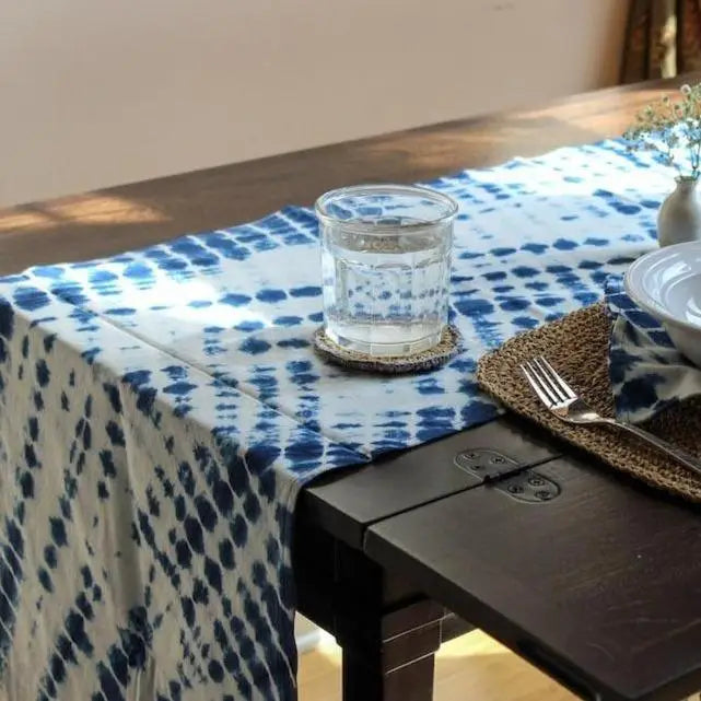 Double Sided Cotton Table Runner - Handmade Tie Dye Indigo Design for Dining Table Decor, Wedding, Party & Home Decoration