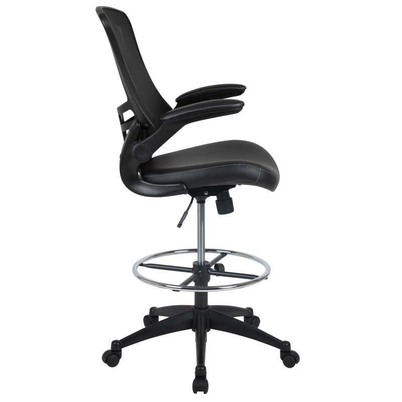 Kelista Mid Back Black Mesh Ergonomic Drafting Chair with LeatherSoft Seat - Adjustable Foot Ring & Flip-Up Arms - Perfect for Architects, Designers & Home Office Workspaces