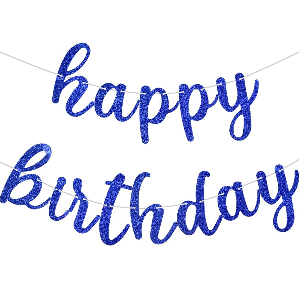 BEISHIDA Blue Happy Birthday Banner - Pre-Strung Glitter Party Garland - Ready to Use Birthday Decorations for Parties, Baby Showers & Celebrations - No DIY Required