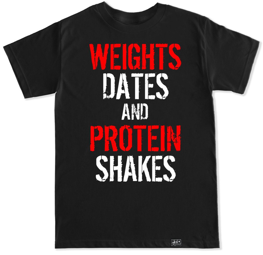 FTD Apparel Men's Gym Workout T-Shirt - Fitness Dates & Protein Shakes Graphic Tee for Bodybuilding, Weightlifting & Gym Training
