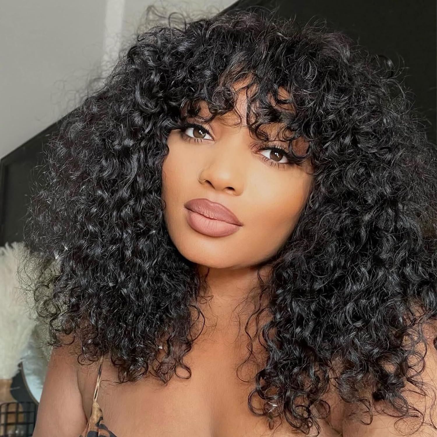 Jerry Curly Human Hair Wigs With Bangs | 200% Density Virgin Brazilian Hair | Glueless Scalp Base Top Full Machine Made Wig | Natural Color 16 Inch | Perfect for Black Women | Great for Daily Wear, Parties & Special Occasions