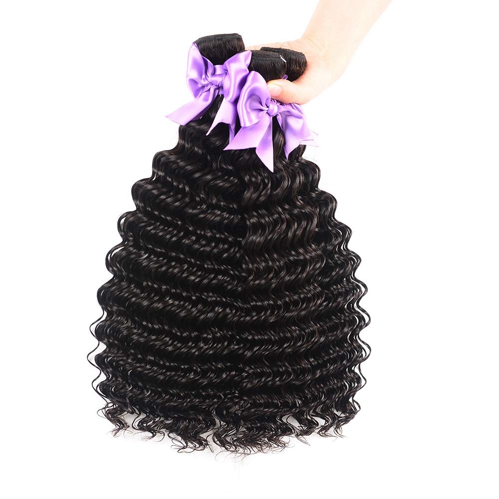 100% Virgin Brazilian Human Hair Bundles with 13x4 Lace Frontal - Deep Wave 3 Bundles Natural Black (16 18 20+14 Inches) | Brazilian Hair Extensions for Styling, Volume & Everyday Wear