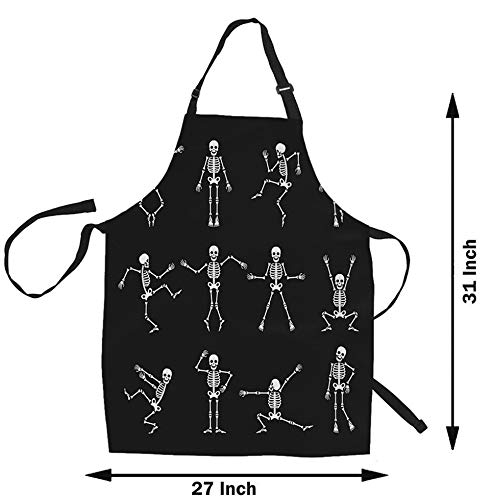 Funny Skeleton Print Kitchen Apron for Women & Men - Adjustable Cooking, Baking, Gardening Bib with Cartoon Dancing Bones Design - Perfect for Halloween, BBQ Parties & Home Use