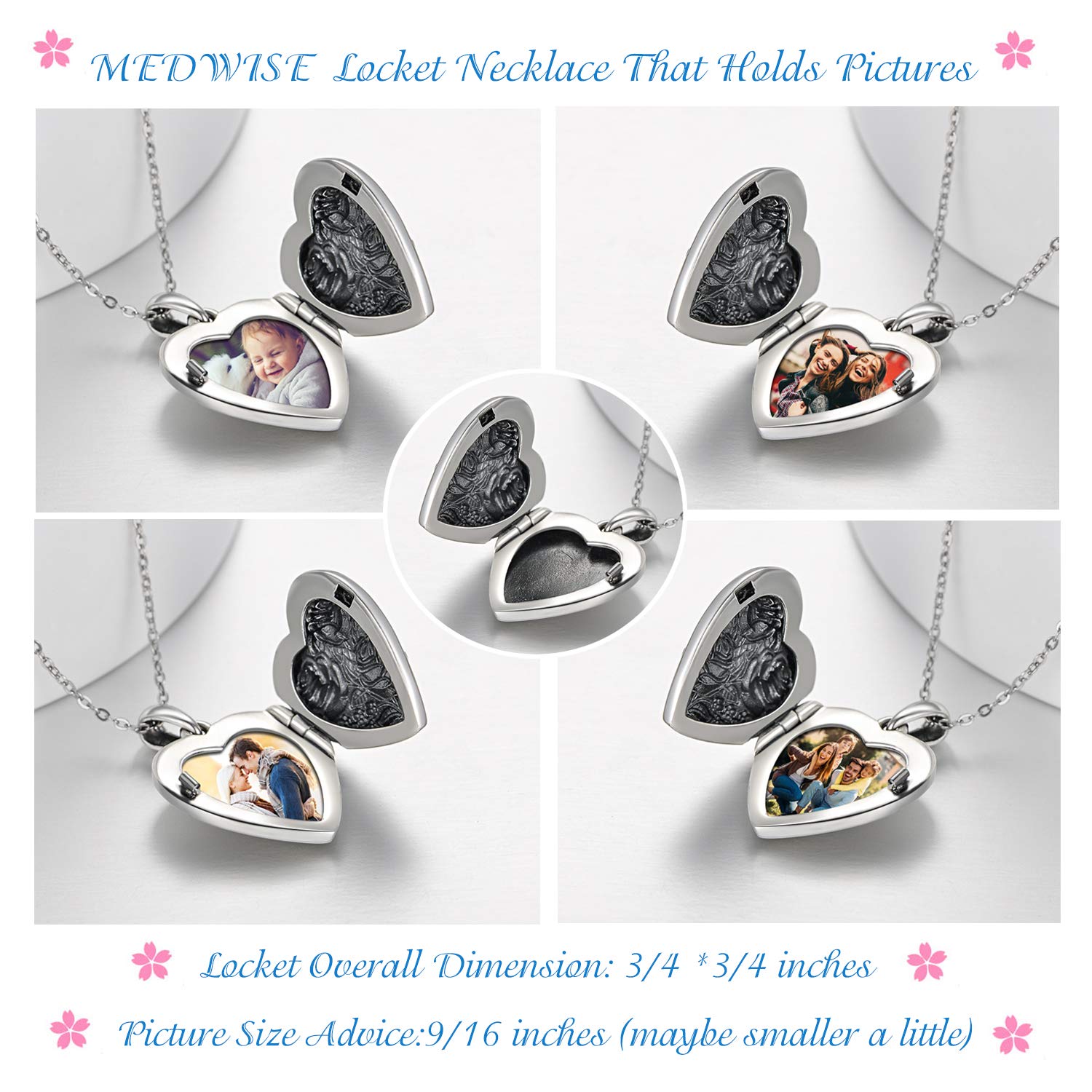 MEDWISE 925 Sterling Silver Photo Locket Necklace with Oxidized Rose Flower, Sunflower, Compass & Celtic Heart Pendant - Perfect Gift for Women, Birthday, Christmas, Anniversary | Keepsake Jewelry for Loved Ones
