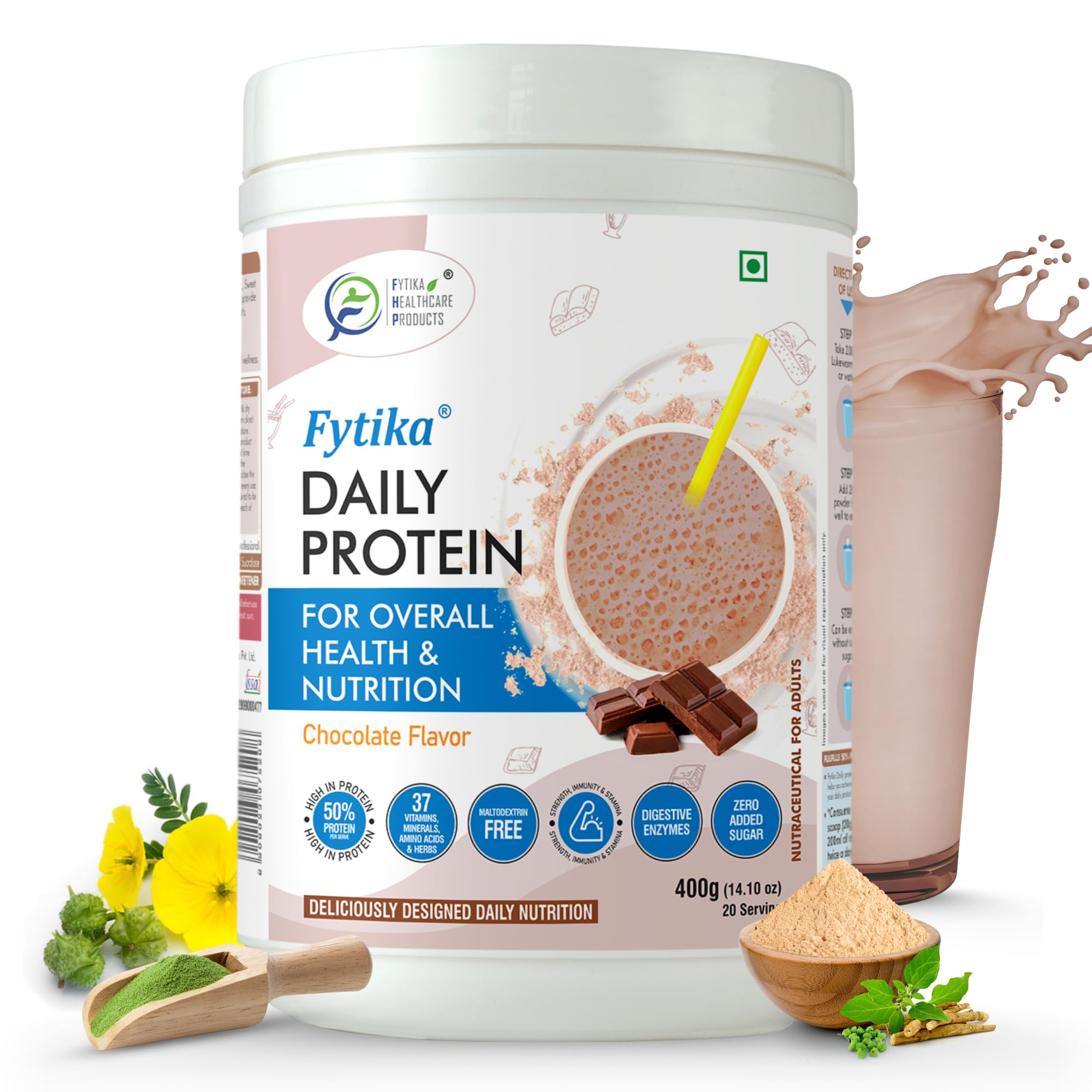 FYTIKA High Protein Powder for Adults - 50% Protein per Serving with 37 Essential Vitamins & Minerals | Chocolate Flavor | 400g Pack | Ideal for Post-Workout Recovery, Weight Management & Daily Nutrition for Men & Women