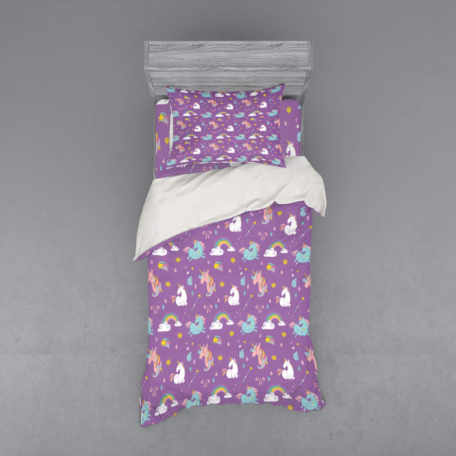 Ambesonne Magic Unicorn & Rainbow Diamond Wand Bedding Set - 3 Piece Duvet Cover with Sham & Fitted Sheet - Twin Size Multicolor Girls Room Decor - Perfect for Kids Bedroom, Fantasy Themed Rooms & Gift Giving