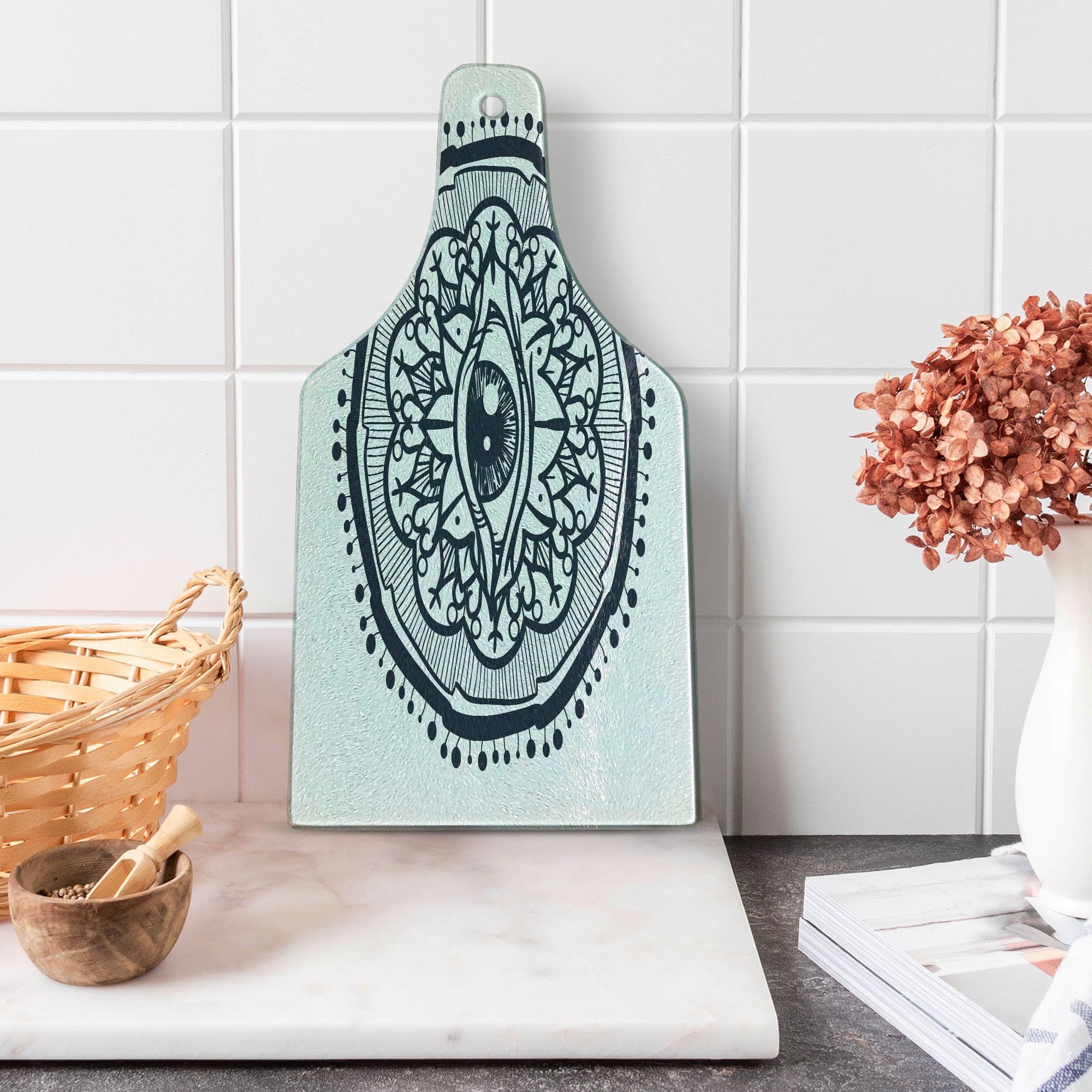 Ambesonne Boho Cutting Board - Realistic Retro Eye Pattern Round Eastern Mandala Design Tempered Glass Serving Board for Kitchen, Charcuterie & Wine (White & Blue) - Perfect for Entertaining, Cheese Platters & Home Decor