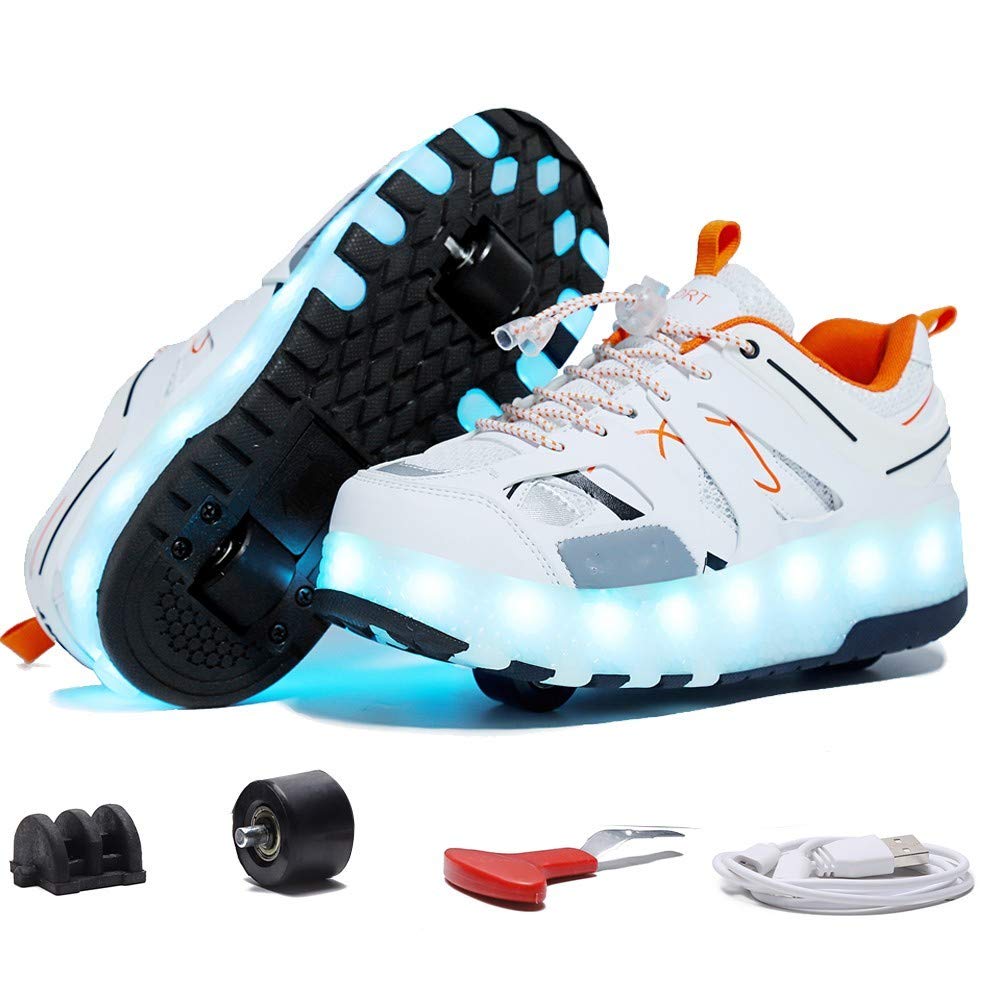 USB Rechargeable LED Light Up Roller Skates with Double Wheels - Retractable Roller Shoes for Men & Women - Perfect Gift for Skating Beginners (White, Size US 6) - Great for Indoor/Outdoor Skating, Parties, and Nighttime Fun