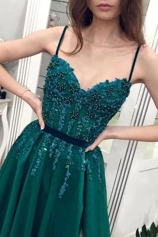 Elegant Dark Green A-Line Spaghetti Straps Prom Dress with High Slit - Perfect for Homecoming, Formal Dances & Evening Events | Shop Online Now #12699