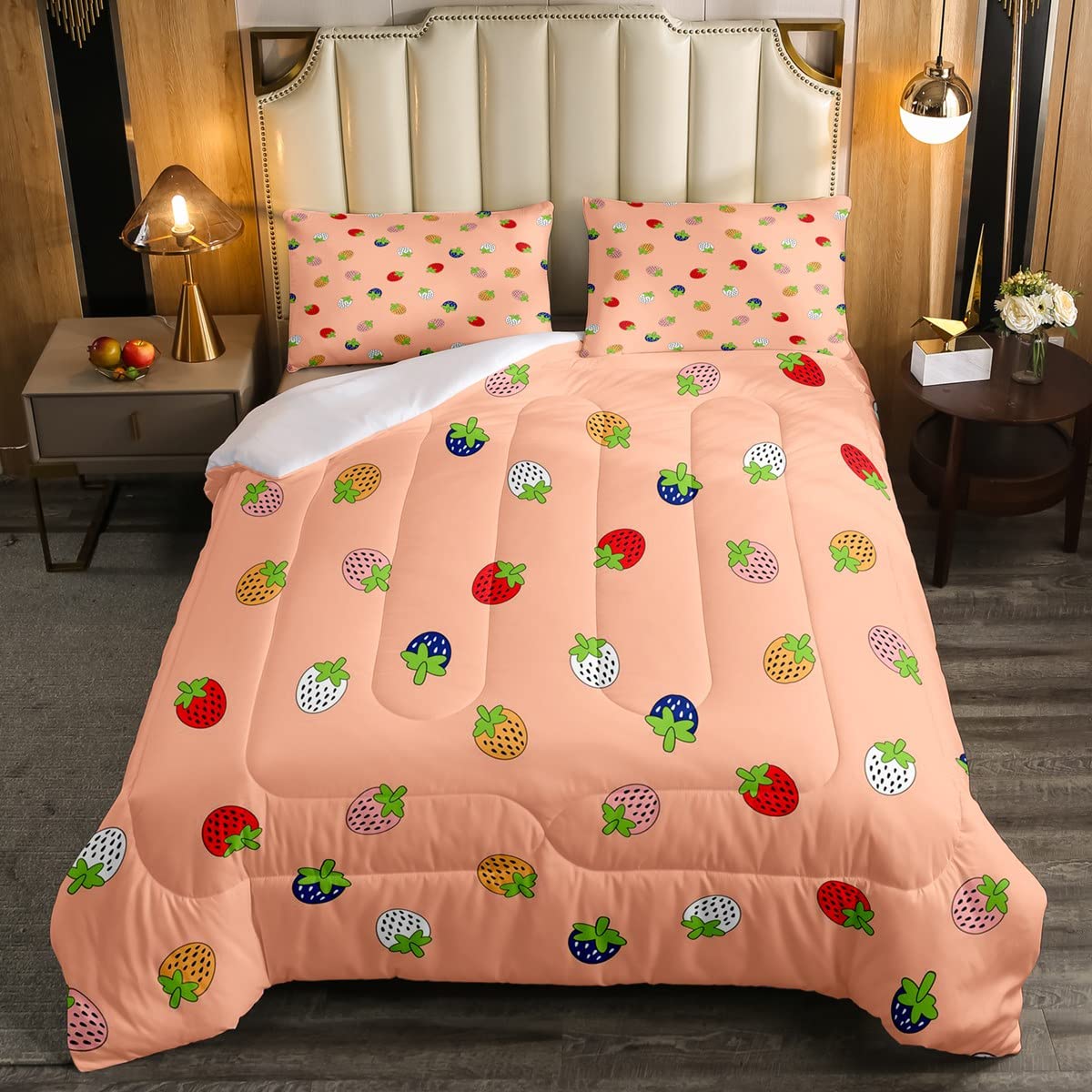 Feelyou Girls Strawberry Bedding Set - Twin Size Kawaii Cartoon Duvet Cover with Microfiber Comforter, Cute Fruit Print Quilt for Kids Room Decor | Perfect for Girls' Bedroom, Dorm & Sleepover Party