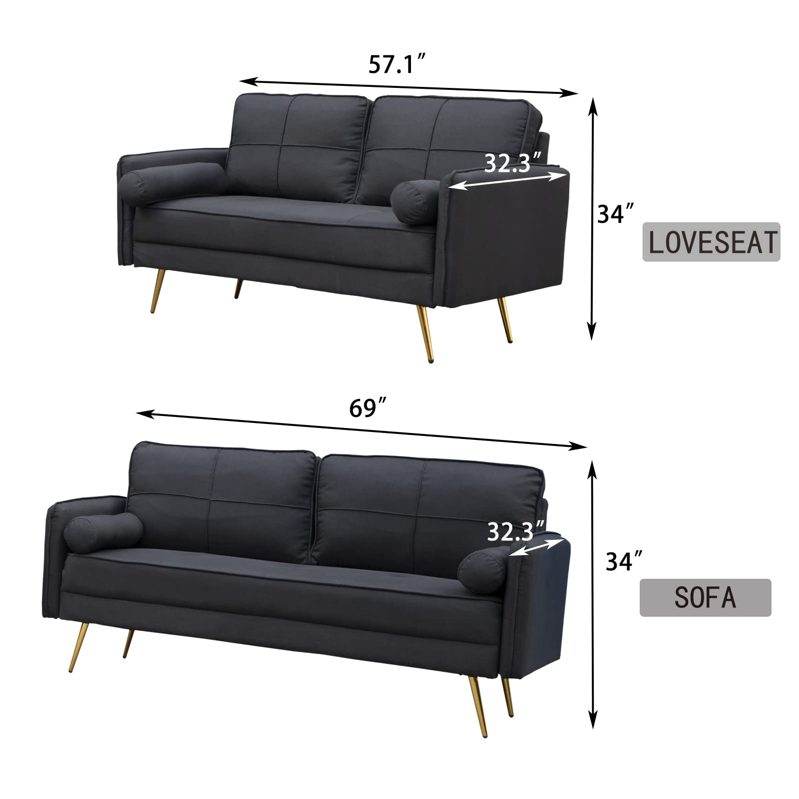 Luxury Velvet Tufted Loveseat Sofa with Bolsters & Metal Legs - Modern Upholstered Couch for Living Room, Bedroom, Apartment | Elegant Home Decor & Small Space Seating Solution