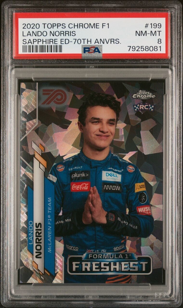 Lando Norris #199 PSA 8 2020 Topps Chrome F1 Sapphire 70th Rookie Card - Perfect for F1 Collectors and Motorsport Memorabilia Enthusiasts