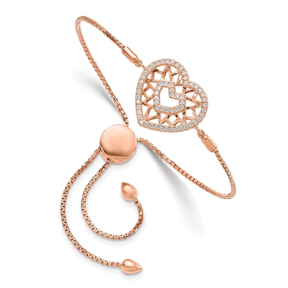 925 Sterling Silver Rose Gold Cubic Zirconia Heart Adjustable Bracelet for Women - Elegant Fine Jewelry Gift for Her (7